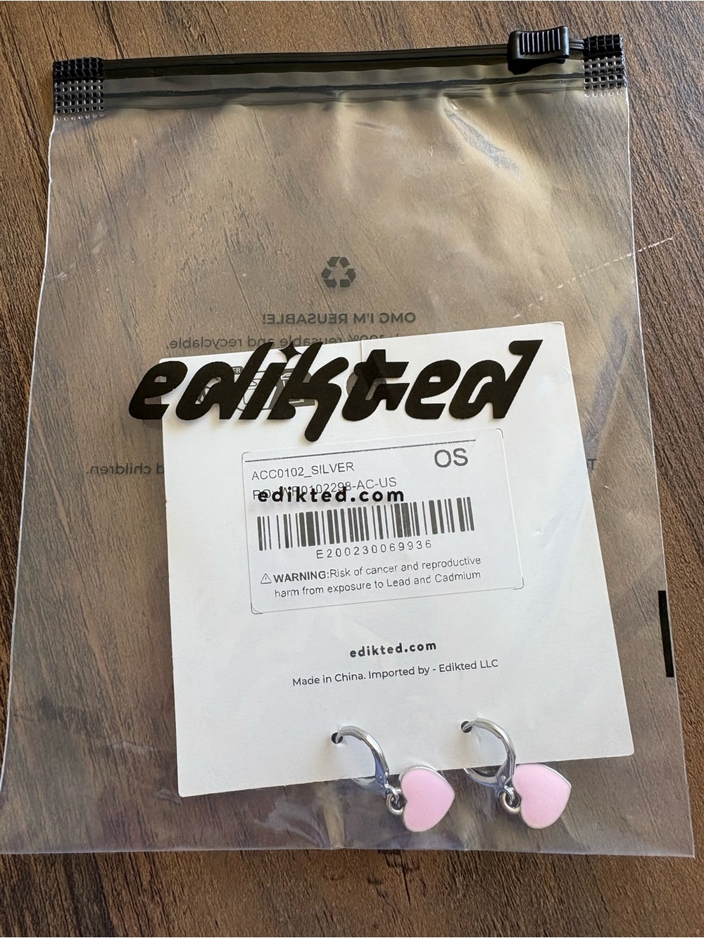 Edikted Silver Hoop Earrings with Pink Heart Dangles